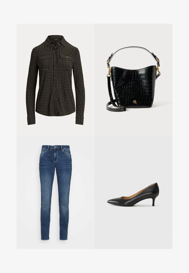 Must mustaga, millel on valged ruudud, pika varrukaga, krae ja kaks eesmist taskut, valmistatud pehmest kangast.; Tumedat sinised teksapüksid, millel on liibuv disain, viis taskut, kergelt pleekinud esiosa ning metallist detailid vöökoha ja taskute juures.; Must musta musta, millel on terav nina, madal konts ja sile tekstuur. Omab pisut avatud osa ees ja minimaalset riistvara taga.; Mustad krokodillimustriga must nahast kott, millel on kõver kuju, kuldse riistvara aktsessid, reguleeritav rihm ning logodetail esiosas.