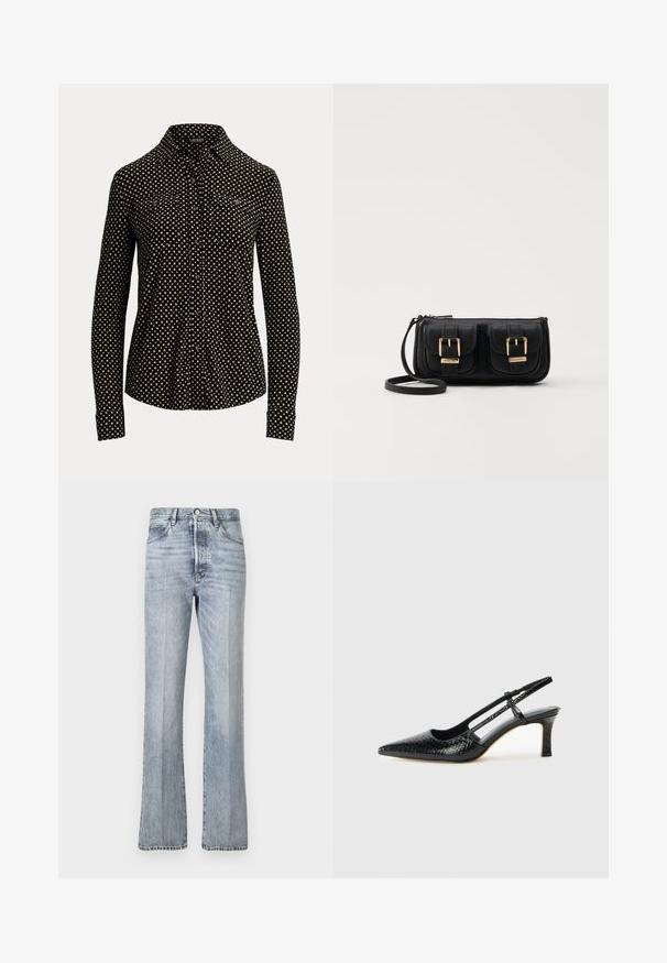 Melnas pogas krekls ar baltu kvadrātu rakstu, garām piedurknēm, ar apkakli un divām priekšējām kabatām, izgatavots no mīkstas auduma.; Gaišzilas denim bikses ar izplestu kāju dizainu, augstu jostasvietu, priekšējām kabatām un vieglu izbalējumu. Standarta pogu un rāvējslēdzēja aizdare.; Melna patent āda ar slīdošo papēdi un smailo purngalu, ar teksturētu čūsku drukājumu, regulējamu siksniņu un īsu teksturētu blokpapēdi.; Melnas ādas crossbody soma ar divām priekšējām kabatām, zelta sprādzēm, ar rāvējslēdzēju aizdari un šauru siksnu. Strukturēta virsma un kompakta taisnstūra forma.