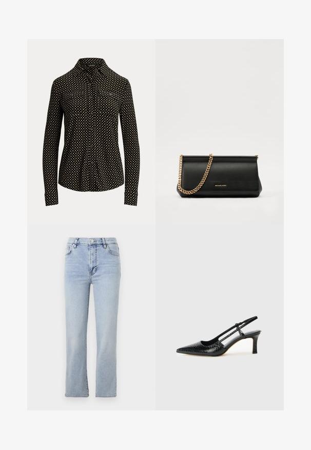 Crna košulja s dugim rukavima, bijelim kvadratnim uzorkom,o kravatu i dva prednja džepa, izrađena od mekanog materijala.; Svijetloplave traperice s ravnim nogavicama, pet džepova, kopčanjem na dugme i patentni zatvarač, te vidljivim detaljima šivanja.; Crne lakirane slingback pete s oštrim vrhom, s teksturiranim uzorkom zmijske kože, podesivom remenom i kratkom, teksturiranom blok-petom.; Crna kožna torbica sa zlatnim lančićem, koja se odlikuje glatkom teksturom, pravokutnim oblikom i utisnutim brendom na prednjoj strani.