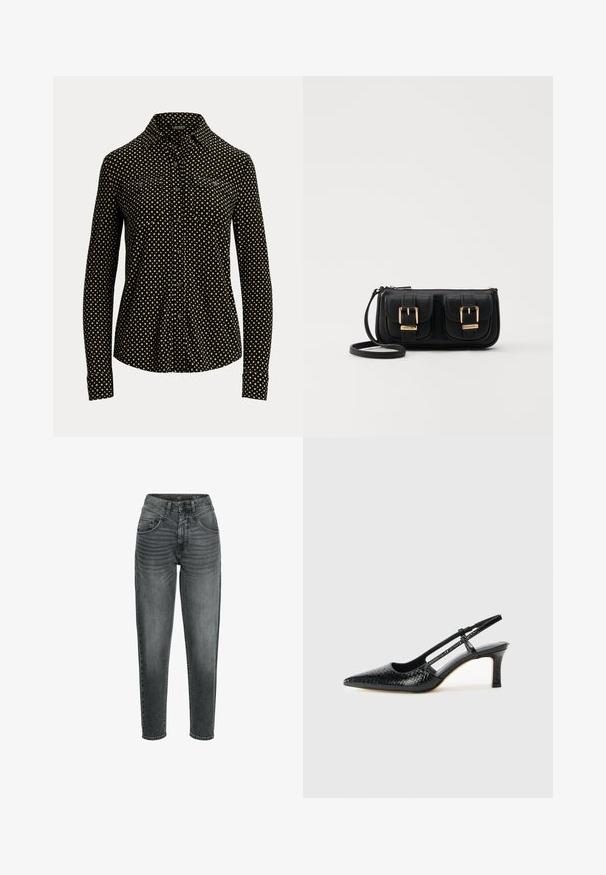 Zwarte button-up shirt met een wit vierkant patroon, lange mouwen, kraag en twee voorzakken, gemaakt van een zachte stof.; camel active MOM FIT 5-POCKET  - Jeans Tapered Fit - dark grey used; Zwart patent slingback hak met een spitse neus, voorzien van een gestructureerde slangenprint, verstelbare band en een korte, gestructureerde blokhak.; Zwarte leren schoudertas met twee vo pockets, gouden gespen, ritsluiting en een smalle band. Tekstuur oppervlak en compacte rechthoekige vorm.