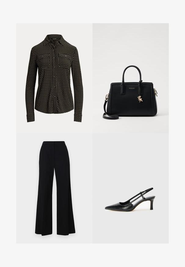 Chemise noire à boutons avec un motif carré blanc, à manches longues, col et deux poches avant, fabriquée dans un tissu doux.; Pantalon large noir avec une taille haute, tissu lisse et lignes épurées. Pas de matériel visible ni de motifs.; Escarpin slingback en vernis noir avec un bout pointu, présentant un imprimé serpent texturé, une sangle réglable et un petit talon bloc texturé.; Sac à main en cuir noir avec un design structuré, deux poignées supérieures, une bandoulière amovible, des accessoires en or et un pendentif avec le logo.