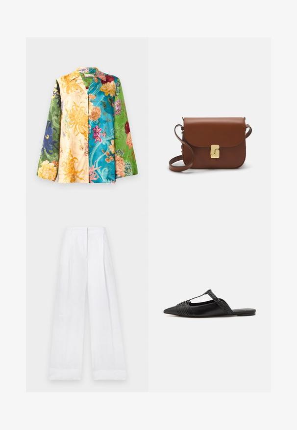 Bunt gemustertes Blumenhemd mit langen Ärmeln, das eine Mischung aus Gelb-, Grün-, Blau- und Lilatönen aufweist. Der Stoff hat eine glatte Textur und einen leichten Glanz.; Weiße Leinenhose mit lockerer Passform, hoher Taille, geraden Beinen und ohne sichtbare Muster oder Beschläge. Glatte Textur.; Schwarzer Leder-Slingback-Schuh mit spitzem Zehenbereich, ausgestattet mit einem geflochtenen Akzent und einem gefalteten Oberdesign. Flache Sohle mit minimalem Zubehör.; Braune Ledertasche mit Klappenverschluss, Beschlägen in Goldfarbe, einem Schultergurt und einer glatten Oberfläche. Kompakte rechteckige Form.