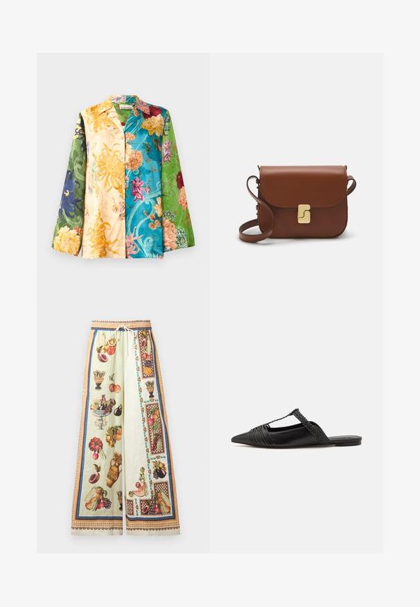 Multicolor floral shirt jacket with long sleeves, featuring a mix of yellow, green, blue, and purple hues. Fabric has a smooth texture and sheen.; Wide-leg trousers made of lightweight fabric featuring a pastel green base with colorful fruit and vase illustrations. Elastic waist with drawstring.; Black leather slingback shoe with a pointed toe, featuring a woven accent and pleated upper design. Flat sole with minimal hardware.; Brown leather handbag with a flap closure, gold-tone hardware, a shoulder strap, and a smooth texture. Compact rectangular shape.