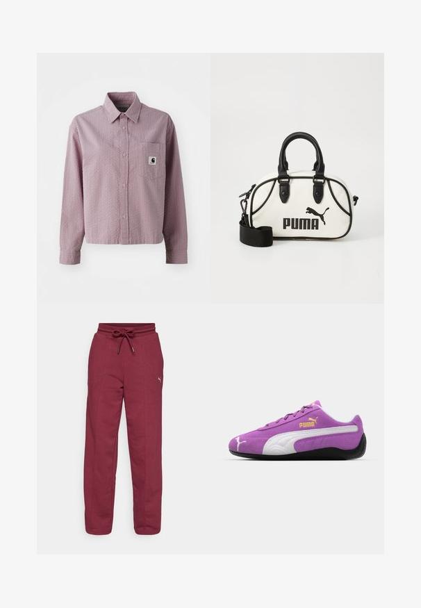 Jasnoróżowa koszula z długim rękawem, zapinana na guziki, z teksturowanym wzorem, kieszonką na piersi oraz małą metką z logo na kieszeni.; Bordowe spodnie dresowe z elastycznym pasem, regulowanym sznurkiem, szwami bocznymi oraz małym logo na lewym udzie. Wykonane z miękkiego materiału bawełnianego.; Fioletowe zamszowe sneakersy z białymi akcentami, złotym logo "Puma", teksturowanym wzorem i czarną gumową podeszwą. Niskoprofilowy styl sportowy.; Biała torebka z czarnymi akcentami, z logo Puma. Krótkie, zaokrąglone uchwyty oraz odpinany pasek, wykonana z teksturowanego materiału syntetycznego.