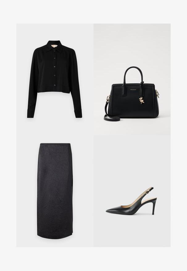 Cămașă neagră scurtă cu mâneci lungi, guler ascuțit și închidere cu nasturi. Fabricată dintr-un material neted, cu o croială lejeră și mâneci cu manșete.; Fustă midi neagră cu textură plisată, croi drept și fante pe lateral. Materialul pare ușor. Întreaga este ușor rotunjită.; Cizme negre din piele cu toc înalt slingback, cu vârf ascuțit, curea ajustabilă și un toc stiletto elegant, având un finisaj neted.; Geantă de mână din piele neagră cu un design structurat, mânere superioare duble, curea de umăr detasabilă, accesorii din aur și un pandantiv cu logo.