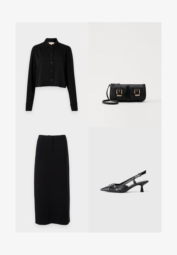 Čierna skrátená košeľa s dlhými rukávmi, špicatým golierom a zapínaním na gombíky. Vyrobená z hladkej látky s voľným strihom a manžetovými rukávmi.; Čierna, sukňa po kolená vo štýle pencil vyrobená z hladkej tkaniny s priliehavým pásom, so subtílnymi prednými záhybmi a bez viditeľných zapínaní.; Čierne kožené slingback topánky s špicatou špičkou, ozdobnými popruhmi s kovovými očkami a nízkym blokovým podpätkom. Textúrovaný povrch.; Čierna kožená crossbody taška s dvoma prednými vreckami, zlatými sponami, zipsovým uzatváraním a úzkym popruhom. Štruktúrovaný povrch a kompaktný obdĺžnikový tvar.