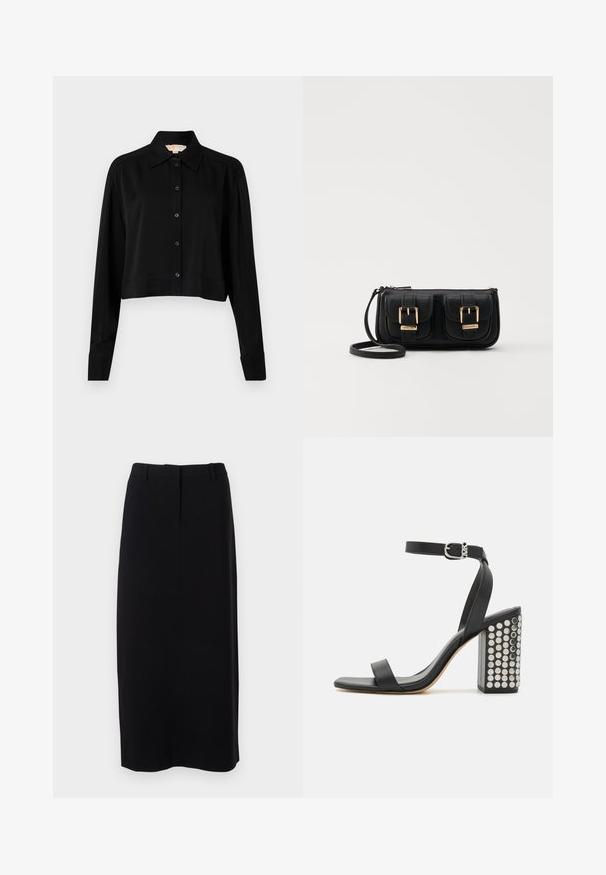 Fekete, rövid fazonú ing hosszú ujjakkal, hegyes gallérral és gombos elejével. Simító anyagból készült, laza szabású és megkötött ujjaival.; Fekete, térdfelett érő ceruzaszoknya sima anyagból, testhezálló derékkal, finom elülső redőkkel és látható záródás nélkül.; Fekete bőr sarkú szandál bokaremmel. Négyzetes orrával, sima felületével és négyzet alakú, ezüst tüskékkel díszített tömbsarkával rendelkezik.; Fekete bőr keresztbody táska két elülső zsebbel, arany csattokkal, cipzáras záródással és vékony pánttal. Textúrált felület és kompakt téglalap alak.
