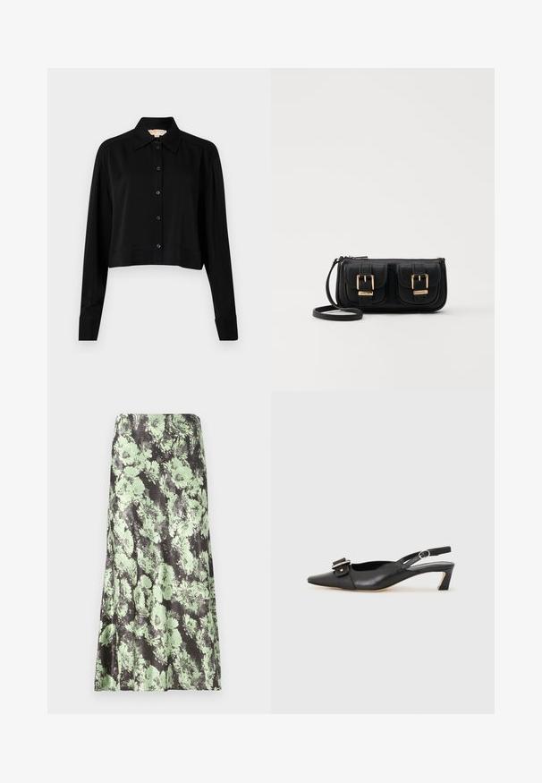 Black cropped shirt with long sleeves, a pointed collar, and button front. Made from smooth fabric with a relaxed fit and cuffed sleeves.; Floral skirt featuring a black base color with light green floral patterns. Material appears smooth with a slightly shiny texture and a flared shape.; Black leather slingback shoe with pointed toe, small heel, and decorative buckle detail on the upper. Smooth texture, minimalistic design.; Black leather crossbody bag with two front pockets, gold buckles, zipper closure, and a slim strap. Textured surface and compact rectangular shape.