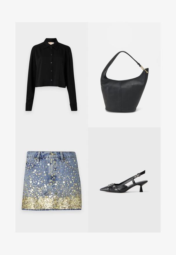 Chemise noire courte à manches longues, col pointu et fermeture par boutons. Fabriquée en tissu lisse avec une coupe décontractée et des manches à poignets.; Jupe en denim de couleur bleue délavée, ornée de sequins dorés à l'ourlet, créant un effet dégradé. Design à cinq poches avec fermeture à bouton.; Chaussure slingback en cuir noir avec un bout pointu, des sangles décoratives avec œillets en métal et un petit talon carré. Surface texturée.; Sac à main en cuir noir avec une forme arrondie, une large bandoulière et une finition texturée. Présente un détail de couture subtil et un accent en métal doré.