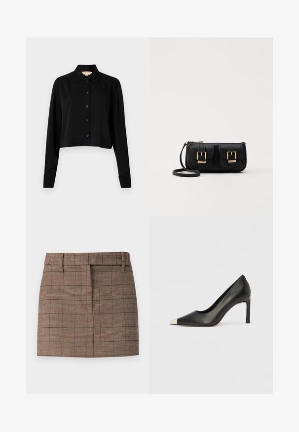 Black cropped shirt with long sleeves, a pointed collar, and button front. Made from smooth fabric with a relaxed fit and cuffed sleeves.; Brown plaid skirt with a fitted design, featuring a flat waistband, front pleats, and fine textured fabric.; Black leather high heel shoe with a pointed toe and a metallic silver cap. Features a smooth finish and a slender 10 cm heel.; Black leather crossbody bag with two front pockets, gold buckles, zipper closure, and a slim strap. Textured surface and compact rectangular shape.