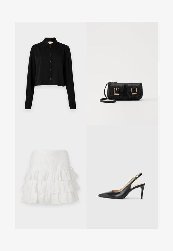 Black cropped shirt with long sleeves, a pointed collar, and button front. Made from smooth fabric with a relaxed fit and cuffed sleeves.; sandro JUPE - Mini skirt - blanc; Black leather slingback high heels with a pointed toe, adjustable strap, and a sleek stiletto heel, featuring a smooth finish.; Black leather crossbody bag with two front pockets, gold buckles, zipper closure, and a slim strap. Textured surface and compact rectangular shape.