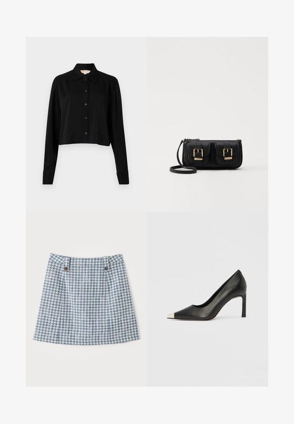 Černá zkrácená košile s dlouhými rukávy, špičatým límcem a předním zapínáním na knoflíky. Vyrobena z hladké látky s volnějším střihem a manžetami.; Sukně s modro-bílým vzorem kostky, se splývavým střihem, doplněná o dva přední knoflíky a texturovaný tkaný materiál.; Černá kožená lodička na vysokém podpatku s špičatou špičkou a stříbrnou kovovou špičkou. Má hladký povrch a štíhlý 10cm podpatek.; Černá kožená crossbody taška se dvěma předními kapsami, zlatými přezkami, zipovým uzávěrem a štíhlým popruhem. Texturovaný povrch a kompaktní obdélníkový tvar.