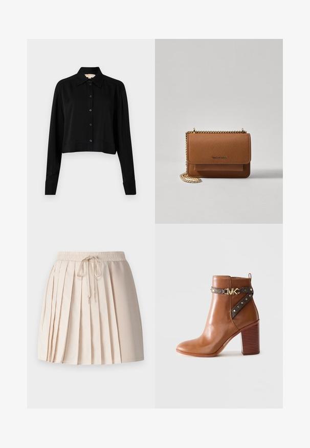 Camisa negra corta con mangas largas, cuello puntiagudo y botones en la parte delantera. Fabricada en un tejido suave con un corte holgado y mangas con puños.; Falda plisada en un tono beige claro, hecha de una tela suave. Presenta una cintura elástica con cordón y pliegues verticales para dar textura.; Botín de piel marrón con tacón de bloque apilado, correa lateral con remaches dorados y un hebilla con el logo "MK" en dorado.; Bolso crossbody de cuero texturizado marrón con correa de cadena dorada y cierre de solapa. La parte frontal presenta un detalle de logo y un bolsillo debajo de la solapa.