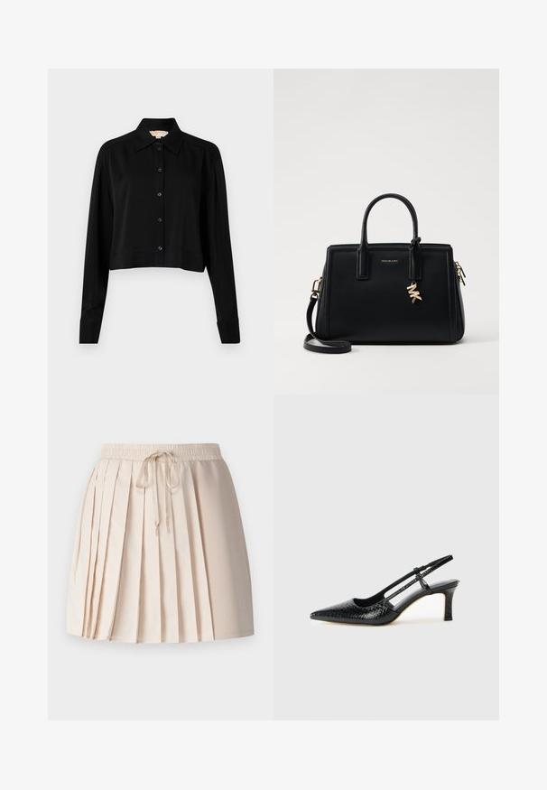 Černá zkrácená košile s dlouhými rukávy, špičatým límcem a předním zapínáním na knoflíky. Vyrobena z hladké látky s volnějším střihem a manžetami.; Pletená sukně v světlé béžové barvě, vyrobená z měkké tkaniny. Má elastický pas se šňůrkou a vertikální sklady pro texturu.; Černé lakované slingback podpatky s špičatou špičkou, zdobené texturovaným hadím vzorem, nastavovacím páskem a krátkým texturovaným blokovým podpatkem.; Černá kožená kabelka se strukturovaným designem, dvojitými horními uchy, odnímatelným ramenním popruhem, zlatými doplňky a akcentem ve formě logového charm.