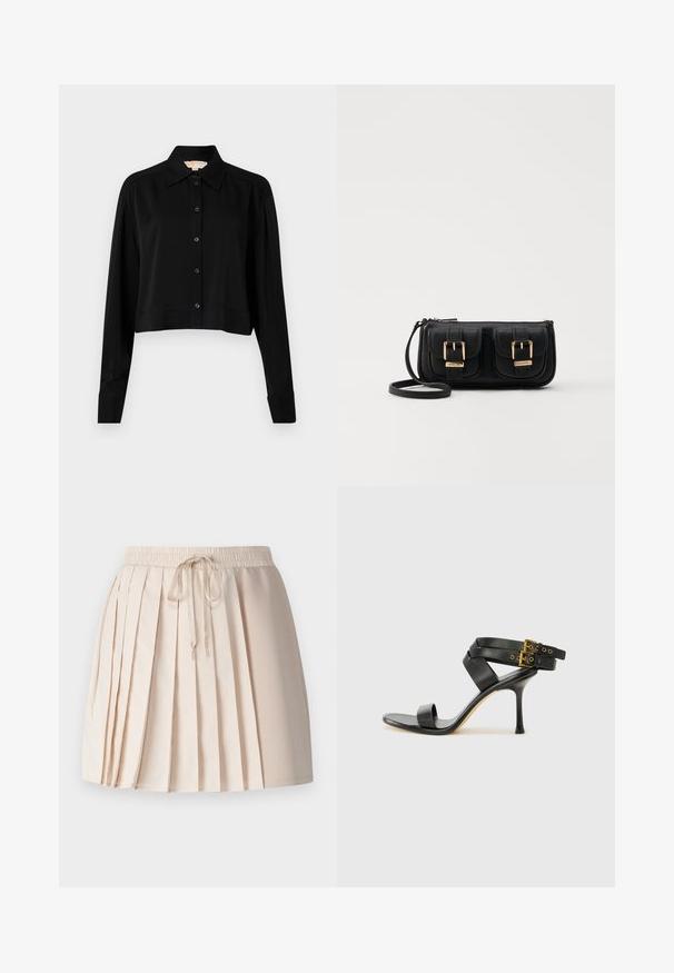 Černá zkrácená košile s dlouhými rukávy, špičatým límcem a předním zapínáním na knoflíky. Vyrobena z hladké látky s volnějším střihem a manžetami.; Pletená sukně v světlé béžové barvě, vyrobená z měkké tkaniny. Má elastický pas se šňůrkou a vertikální sklady pro texturu.; Černé sandály na podpatku s kříženými popruhy a nastavitelnou sponou. Mají hladký povrch a špičatý stiletto podpatek.; Černá kožená crossbody taška se dvěma předními kapsami, zlatými přezkami, zipovým uzávěrem a štíhlým popruhem. Texturovaný povrch a kompaktní obdélníkový tvar.
