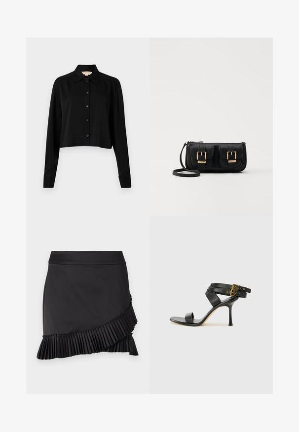 Svart forkortet skjorte med lange ermer, spiss krage og knappelukking foran. Laget av glatt stoff med en avslappet passform og oppbrettede ermer.; Svart skjørt med plisserte kanter, som har et stilrent design, glatt tekstur og en asymmetrisk kutt langs den nedre kanten.; Svarte hælsandaler med kryssende stropper og justerbar spenne. Har en jevn tekstur og avsmalnende stilettoklakk.; Svart skinn crossbody veske med to frontlommer, gyldne spenner, glidelåslukking og en slank stropp. Teksturert overflate og kompakt rektangulær form.