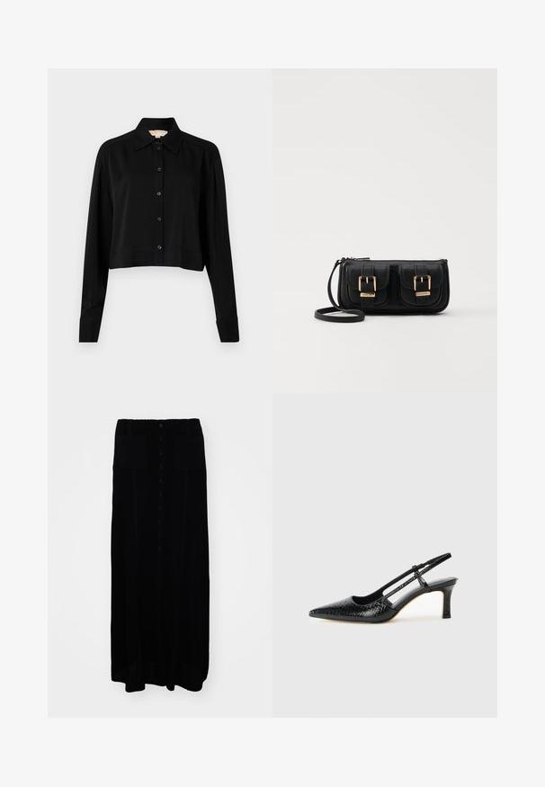 Camicia nera cropped con maniche lunghe, colletto a punta e chiusura con bottoni. Realizzata in tessuto morbido, con vestibilità rilassata e maniche a polsino.; Gonna lunga nera in maglia con apertura frontale a bottoni, due tasche frontali, tessuto a trama e una silhouette dritta.; Slingback con tacco in vernice nera con punta affusolata, caratterizzato da una stampa a serpente testurizzata, cinturino regolabile e un tacco corto e testurizzato.; Borsa a tracolla nera in pelle con due tasche frontali, fibbie dorate, chiusura con zip e una tracolla sottile. Superficie texturizzata e forma rettangolare compatta.