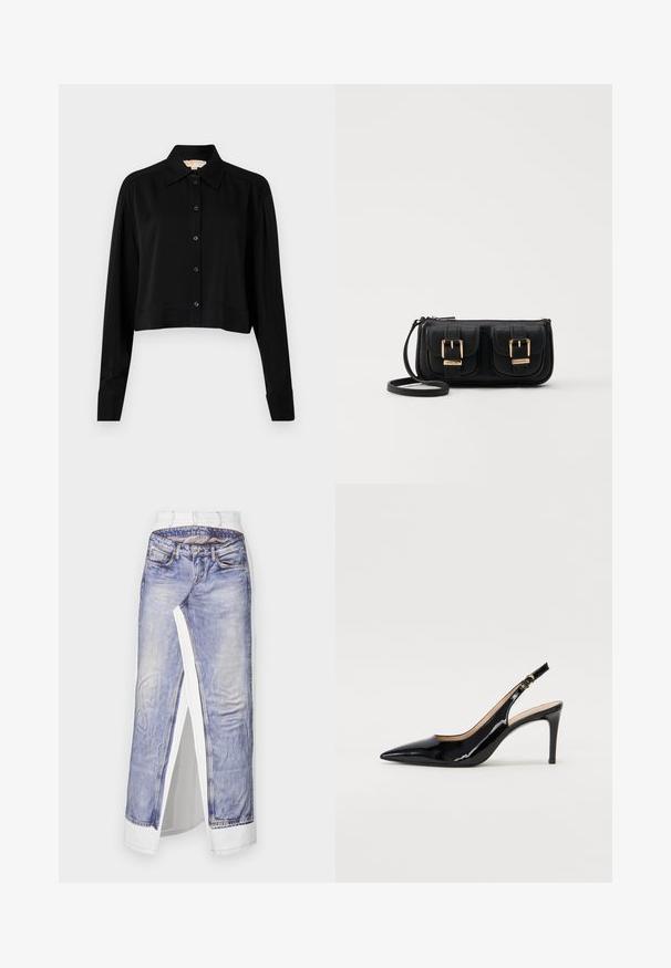 Melnas īsās piedurknes krekls ar garām piedurknēm, smailu apkakli un pogu aizdari. Izgatavots no gludas auduma ar brīvu piegriezumu un piedurkņu apakšām.; Denim svārki ar fotogrāfijas drukājumu ar džinsiem uz baltas auduma. Ar standarta vidukli, sānu šķiršanu un detalizētu šuvumu uz kabatām.; Melnas lakotās ādas slingback kurpes ar izteiktu degunu, šauru papēdi un smalku izgriezumu dizainu. Siksniņai ir zelta sprādze.; Melnas ādas crossbody soma ar divām priekšējām kabatām, zelta sprādzēm, ar rāvējslēdzēju aizdari un šauru siksnu. Strukturēta virsma un kompakta taisnstūra forma.