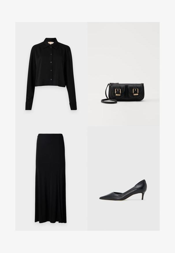 Svart kortärmad skjorta med lång ärm, spetsig krage och knappstängning. Tillverkad av slät tyg med lös passform och uppvikta ärmar.; Svart maxiklänning i ett mjukt tyg, med en sidslits, elastisk midja och raka linjer för en minimalistisk design.; Svart läderpumps med spetsig tå och låg klack. Har en slät textur och subtil glans. Öppet utskuret fram för extra detalj.; Svart läderaxelväska med två framfickor, guldspännen, dragkedjestängning och en smal rem. Texturerad yta och kompakt rektangulär form.