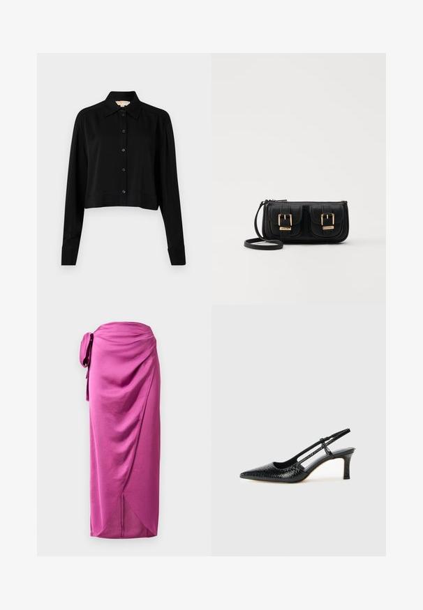 Cămașă neagră scurtă cu mâneci lungi, guler ascuțit și închidere cu nasturi. Fabricată dintr-un material neted, cu o croială lejeră și mâneci cu manșete.; Fustă învelitoare roz cu un detaliu la margine, având țesătură drapată, textură netedă și un tiv asimetric. Material ușor, cu un design fluid.; Pantofi cu toc slingback negri din patent, cu vârf ascuțit, cu imprimeu de șarpe texturat, curea ajustabilă și toc scurt texturat.; Geantă neagră din piele, tip crossbody, cu două buzunare frontale, catarame aurii, închidere cu fermoar și o curea subțire. Suprafață texturată și formă rectangulară compactă.