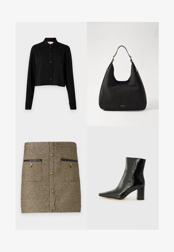 Čierna skrátená košeľa s dlhými rukávmi, špicatým golierom a zapínaním na gombíky. Vyrobená z hladkej látky s voľným strihom a manžetovými rukávmi.; Tkaná sukňa s čiernym a zlatým vzorom, dva predné vrecká s čiernymi akcentmi a zlaté gombíky po celej dĺžke.; Čierne členkové čižmy vyrobené z lesklej kože s špicatou špičkou a robustným štvorcovým podpätkom. Majú hladkú textúru a minimalisti design.; MICHAEL Michael Kors NOLITA HOBO  - Kabelka - black