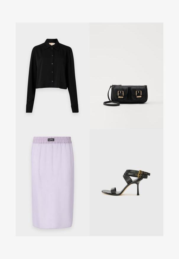 Black cropped shirt with long sleeves, a pointed collar, and button front. Made from smooth fabric with a relaxed fit and cuffed sleeves.; Lilac skirt with an elastic waistband, knee-length, smooth texture, and no visible patterns or accents. Brand logo on waistband.; Black heeled sandal with crossed straps and adjustable buckle. Features a smooth texture and tapered stiletto heel.; Black leather crossbody bag with two front pockets, gold buckles, zipper closure, and a slim strap. Textured surface and compact rectangular shape.