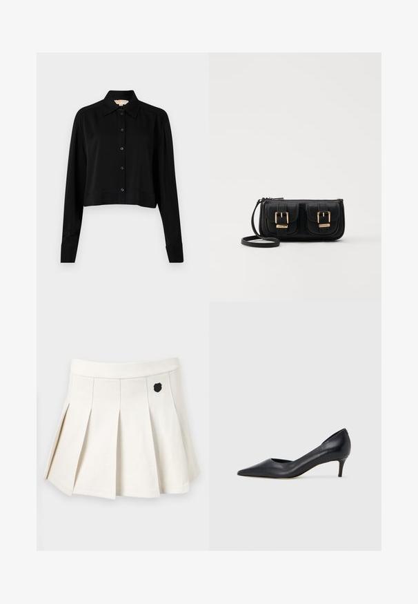 Black cropped shirt with long sleeves, a pointed collar, and button front. Made from smooth fabric with a relaxed fit and cuffed sleeves.; Pleated white skirt made of cotton-blend fabric, featuring a black emblem on the front and an elastic waistband for comfortable fit.; Black leather pump with a pointed toe and low heel. Features a smooth texture and subtle sheen. Open cut at the front for added detail.; Black leather crossbody bag with two front pockets, gold buckles, zipper closure, and a slim strap. Textured surface and compact rectangular shape.