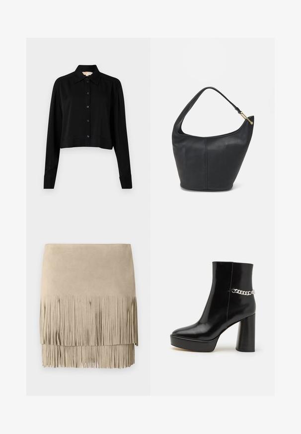 Musta lyhythihainen paita, jossa on pitkät hihat, terävä kaulus ja napitus edessä. Valmistettu sileästä kankaasta, rento istuvuus ja kyynärpäätakkikuhat.; Beige mokka minihame, jossa on fringekoriste alapäässä. Sujuva pinta ja tasaiset fringet hameen alareunassa. Klassinen muotoilu.; Musta kiiltävä keinonahkasaapas nilkkapituisena, jossa on jykevä pohja ja korkea paljekorko. Sivussa on hopeinen ketjuviimeistely. Sileä pinta.; Mustan nahkainen käsilaukku, jossa on pyöreä muoto, leveä olkahihna ja teksturoitu pinta. Sisältää hienovaraisia saumaräätelyjä ja kultasävytteisen varusteen.