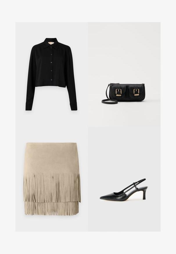 Fekete, rövid fazonú ing hosszú ujjakkal, hegyes gallérral és gombos elejével. Simító anyagból készült, laza szabású és megkötött ujjaival.; Beige suede mini szoknya frufruval az alján. Sima textúra, egyenletes frufruhossz a alsó szélen. Klasszikus dizájn.; Fekete lakk slingback sarok, hegyes orral, texturált kígyómintával, állítható pánttal és rövid, texturált tömbsarkal.; Fekete bőr keresztbody táska két elülső zsebbel, arany csattokkal, cipzáras záródással és vékony pánttal. Textúrált felület és kompakt téglalap alak.