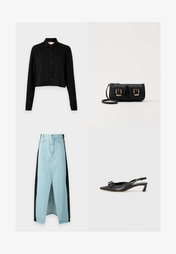 Must must shirt, mille pikkade varrukatega, terava kraega ja nööpidega esiosas. Valmistatud siledast kangast, millel on mugav lõige ja mansetiga varrukad.; Heled sinine ja musta materjali kombinatsiooniga teksaseelik, millel on esikordus, kõrge talje ja struktureeritud disain, tavalise nupulukuga.; Must must nahk slingback kingad terava varbaga, väikese kontsaga ja dekoratiivse pandlaga ülaosas. Sile tekstuur, minimalistlik disain.; Must küllastamata nahast õlakott, millel on kaks esist nähtavat taskut, kuldsed pandlad, tõmblukuga sulgemine ja peen rihm. Tekstuuriga pind ja kompaktne ristkülikukujuline kuju.