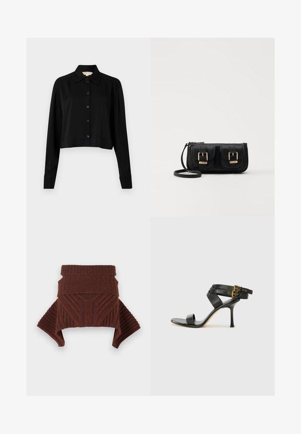 Camicia nera cropped con maniche lunghe, colletto a punta e chiusura con bottoni. Realizzata in tessuto morbido, con vestibilità rilassata e maniche a polsino.; Maglione marrone a maglia con texture a coste, spalle strutturate e colletto alto. Il design incorpora motivi geometrici e maniche a goccia.; Sandal nero con tacco a spillo, straps incrociati e fibbia regolabile. Presenta una texture liscia e un tacco affusolato.; Borsa a tracolla nera in pelle con due tasche frontali, fibbie dorate, chiusura con zip e una tracolla sottile. Superficie texturizzata e forma rettangolare compatta.