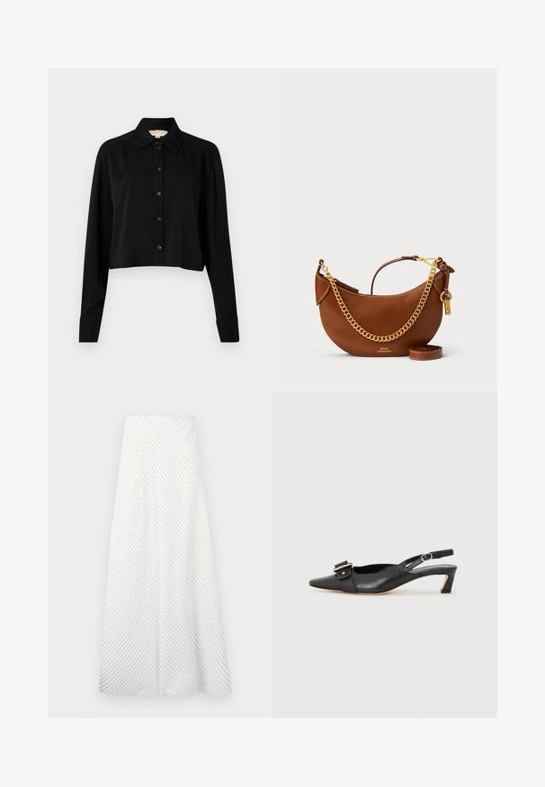 Sort cropped skjorte med lange ærmer, spidse krave og knaplukning foran. Fremstillet af glat stof med en afslappet pasform og manchetærmer.; Hvid nederdel med diagonale navy striber, let svævende design og en glat tekstur. Har høj talje og en rummelig A-form.; Sorte læder slingback sko med spidse tæer, lille hæl og dekorativ spænde detalje på overdelen. Glat tekstur, minimalistisk design.; Brun læderhandtaske med et buet design, guld kædestropp, indvendig lomme og en aftagelig skulderrem. Har kontrastsyning.