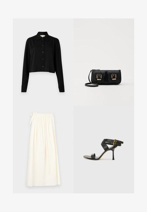 Schwarzes, kurzes Hemd mit langen Ärmeln, einem spitzen Kragen und Knopfverschluss. Hergestellt aus glattem Stoff mit lockerer Passform und geknöpften Ärmeln.; Langer, cremefarbener Rock aus leichtem Stoff; verfügt über einen elastischen Bund mit Kordel und ein fließendes Design mit minimaler Textur.; Schwarze Absatzsandale mit gekreuzten Riemen und verstellbarem Schnallenverschluss. Sie verfügt über eine glatte Textur und einen schmalen Stiletto-Absatz.; Schwarze Leder-Umhängetasche mit zwei vorderen Taschen, goldenen Schnallen, Reißverschluss und einem schmalen Tragegurt. Texturierte Oberfläche und kompakte rechteckige Form.