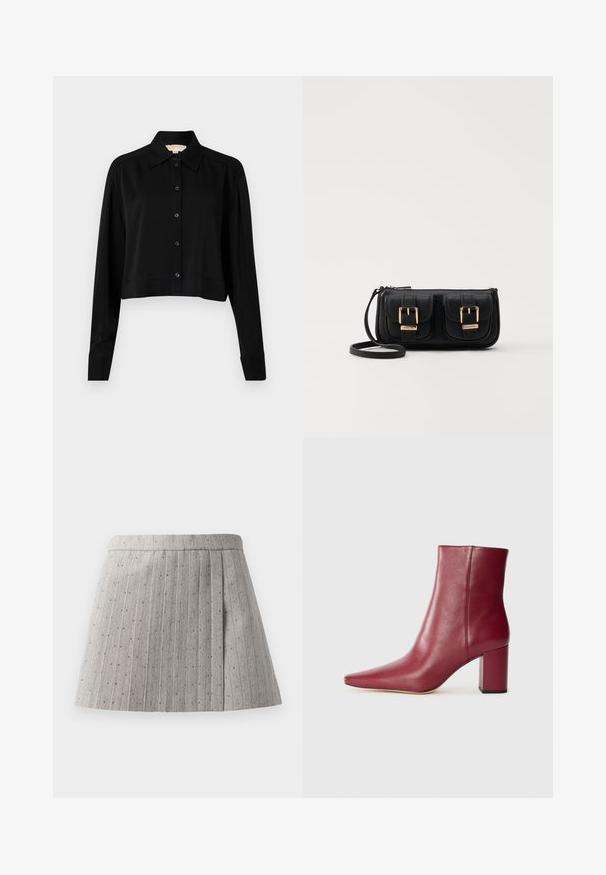 Camicia nera cropped con maniche lunghe, colletto a punta e chiusura con bottoni. Realizzata in tessuto morbido, con vestibilità rilassata e maniche a polsino.; Gonna grigia plissé realizzata in tessuto texturizzato, con strisce verticali e piccoli accenti decorativi, uniformemente distribuiti.; Stivaletto in pelle borgogna con punta affusolata, tacco a blocco e texture liscia, con un design senza cuciture privo di parti metalliche visibili.; Borsa a tracolla nera in pelle con due tasche frontali, fibbie dorate, chiusura con zip e una tracolla sottile. Superficie texturizzata e forma rettangolare compatta.