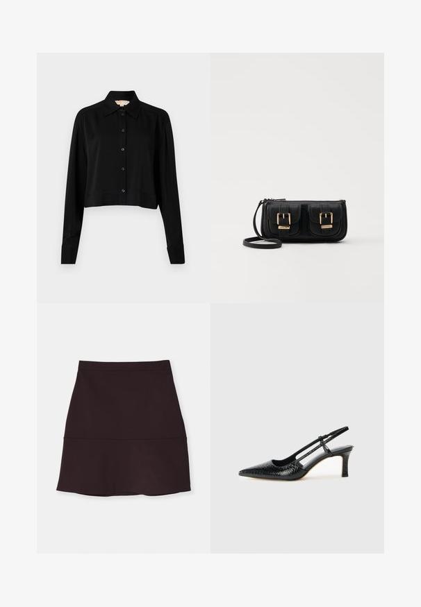 Camisa negra corta con mangas largas, cuello puntiagudo y botones en la parte delantera. Fabricada en un tejido suave con un corte holgado y mangas con puños.; Falda de color púrpura oscuro, hasta la rodilla, con una textura suave, que presenta una cintura ajustada y un dobladillo acampanado. Detalle de costura en la parte media.; Tacón slingback negro de charol con punta afilada, que presenta un estampado de serpiente texturizado, correa ajustable y un tacón bloque corto y texturizado.; Bolso cruzado de cuero negro con dos bolsillos frontales, hebillas doradas, cierre de cremallera y una correa delgada. Superficie texturizada y forma rectangular compacta.