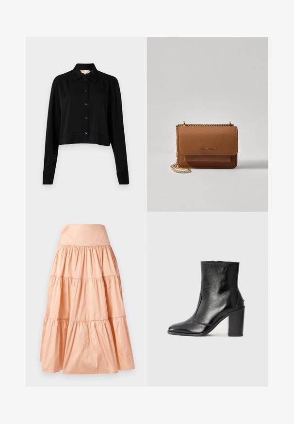 Cămașă neagră scurtă cu mâneci lungi, guler ascuțit și închidere cu nasturi. Fabricată dintr-un material neted, cu o croială lejeră și mâneci cu manșete.; Fustă în nuanță de piersici, cu straturi, realizată dintr-un material ușor. Prezintă un brâu lat și o textură moale, plisată pe toată suprafața.; Botină din piele neagră, cu o textură netedă, vârf ascuțit și toc gros, înalt. Dispune de o deschidere laterală și un design minimalist.; Geantă crossbody din piele texturată maro, cu curea din lanț aurit și închidere cu clapetă. Partea din față prezintă detalii cu logo și o buzunar sub clapetă.