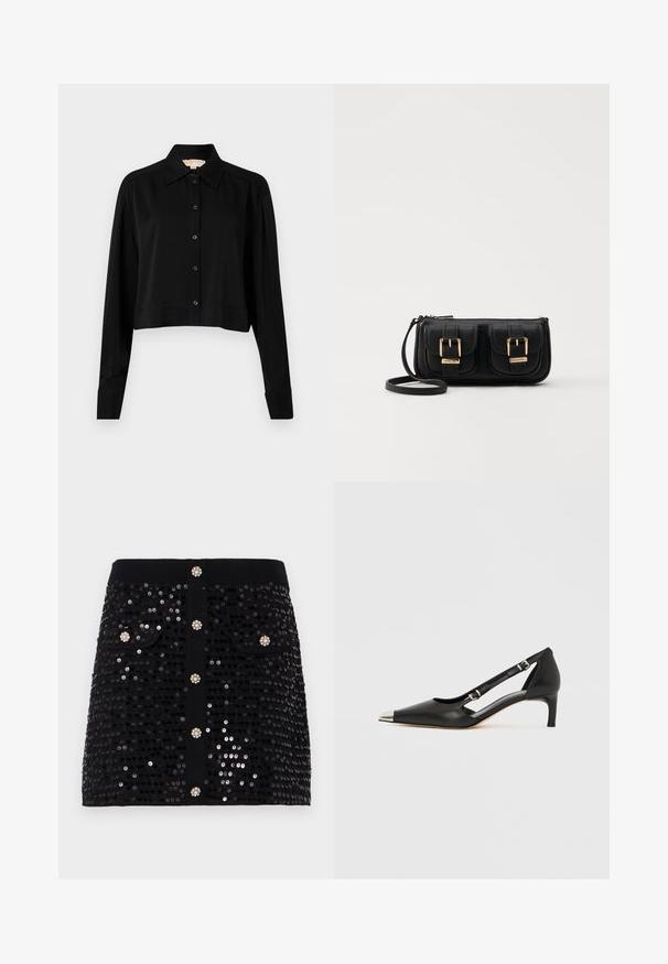 Sort cropped skjorte med lange ærmer, spidse krave og knaplukning foran. Fremstillet af glat stof med en afslappet pasform og manchetærmer.; Sort pailetteret nederdel med tætsiddende design, to forlommer og dekorative knapper med juvel-lignende accenter. Glat struktur hele vejen igennem.; Sort læder kitten heel med spids sølvfarvet tåhætte og dobbelte spænderemme på hvid baggrund.; Sort læder crossbody taske med to frontlommer, guldspænder, lynlåslukning og en slank rem. Struktureret overflade og kompakt rektangulær form.