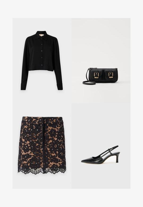Schwarzes, kurzes Hemd mit langen Ärmeln, einem spitzen Kragen und Knopfverschluss. Hergestellt aus glattem Stoff mit lockerer Passform und geknöpften Ärmeln.; Schwarzer Spitzenrock mit floralen Mustern, dekorativen Strasssteinen, gewelltem Saum und einer taillierten Passform. Hängt in mittlerer Oberschenkelhöhe.; Schwarze Lack-Slingback-Pumps mit spitzem Zehenbereich, versehen mit strukturiertem Schlangenprint, verstellbarem Riemen und einem kurzen, strukturierten Blockabsatz.; Schwarze Leder-Umhängetasche mit zwei vorderen Taschen, goldenen Schnallen, Reißverschluss und einem schmalen Tragegurt. Texturierte Oberfläche und kompakte rechteckige Form.