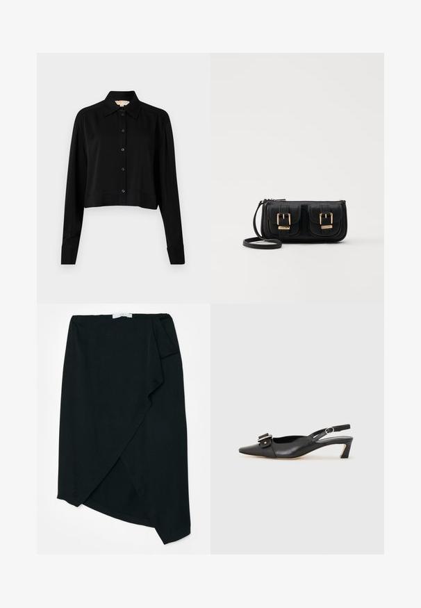 Chemise noire courte à manches longues, col pointu et fermeture par boutons. Fabriquée en tissu lisse avec une coupe décontractée et des manches à poignets.; Jupe portefeuille noire en tissu léger avec une texture subtile. Ourlet asymétrique et détail de pli sur le côté. Aucune quincaillerie ni accent visible.; Chaussure slingback en cuir noir avec un bout pointu, un petit talon et un détail de boucle décoratif sur le dessus. Texture lisse, design minimaliste.; Sac en cuir noir porté en travers avec deux poches avant, boucles dorées, fermeture zippée et une sangle fine. Surface texturée et forme rectangulaire compacte.