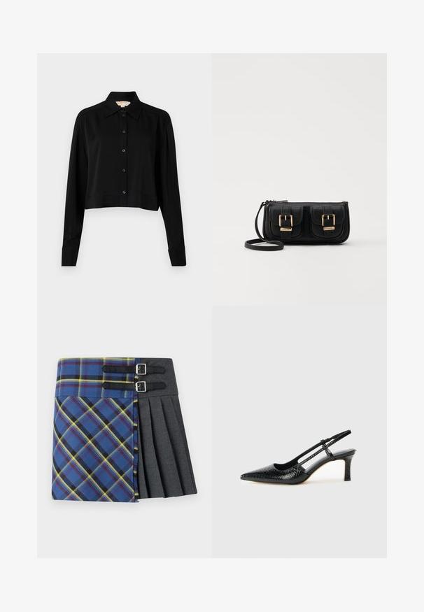 Sort cropped skjorte med lange ærmer, spidse krave og knaplukning foran. Fremstillet af glat stof med en afslappet pasform og manchetærmer.; Skotsk nederdel med blå, grøn og gulternet, med en plisseret grå sektion, sikret af to sorte stropper med sølvspænder.; Sorte patent slingback hæl med spids tå, prydet med tekstureret slangeskindsmønster, justerbar rem og en kort, tekstureret blokhæl.; Sort læder crossbody taske med to frontlommer, guldspænder, lynlåslukning og en slank rem. Struktureret overflade og kompakt rektangulær form.
