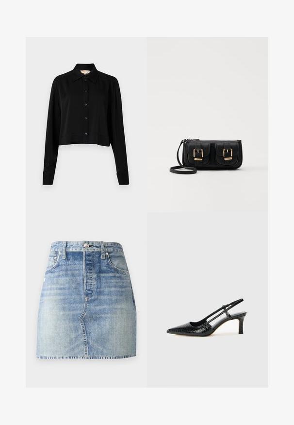 Svart forkortet skjorte med lange ermer, spiss krage og knappelukking foran. Laget av glatt stoff med en avslappet passform og oppbrettede ermer.; Denimskjørt i lys blå vask, høytliv med en tettsittende design, frynset kant og klassisk femlommersstil. Sølvfargede metallbeslag.; Sorte patent slingback hæl med spids tå, featuring tekstureret slangeskind, justerbar rem og en kort, tekstureret blokhæl.; Svart skinn crossbody veske med to frontlommer, gyldne spenner, glidelåslukking og en slank stropp. Teksturert overflate og kompakt rektangulær form.