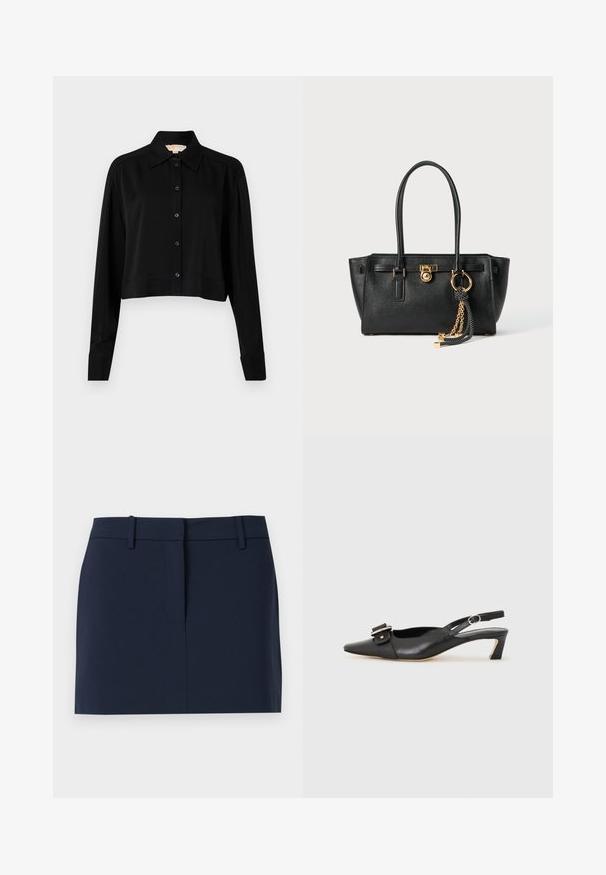 Chemise noire courte à manches longues, col pointu et fermeture par boutons. Fabriquée en tissu lisse avec une coupe décontractée et des manches à poignets.; Jupe bleu marine en tissu lisse, dotée d'une taille, d'une ouverture à l'avant et de lignes épurées sans poches ni embellissements.; Chaussure slingback en cuir noir avec un bout pointu, un petit talon et un détail de boucle décoratif sur le dessus. Texture lisse, design minimaliste.; Sac à main en cuir noir avec double anses, serrure dorée et détails en chaîne, et accessoire à pompon noir et blanc sur fond blanc.