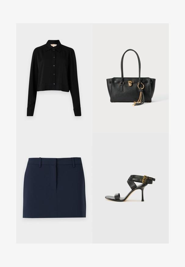 Schwarzes, kurzes Hemd mit langen Ärmeln, einem spitzen Kragen und Knopfverschluss. Hergestellt aus glattem Stoff mit lockerer Passform und geknöpften Ärmeln.; Hochschwarzer Rock aus glattem Stoff, mit einem Bund, einer vorderen Öffnung und klaren Linien ohne Taschen oder Verzierungen.; Schwarze Absatzsandale mit gekreuzten Riemen und verstellbarem Schnallenverschluss. Sie verfügt über eine glatte Textur und einen schmalen Stiletto-Absatz.; Schwarze Lederhandtasche mit doppelten Griffen, goldfarbener Verschluss- und Kettendetails sowie einem schwarz-weißen Quastenaccessoire vor weißem Hintergrund.