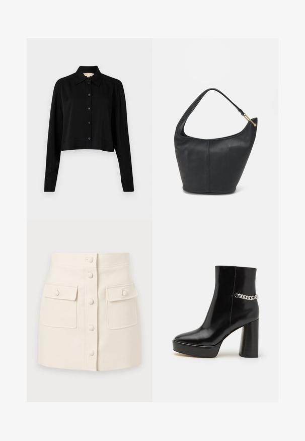 Must must shirt, mille pikkade varrukatega, terava kraega ja nööpidega esiosas. Valmistatud siledast kangast, millel on mugav lõige ja mansetiga varrukad.; Kreemit värvi denimpooder ees oleva nööbiga, kahe klapiga tasku ja kitsendatud silueti ning siledaga tekstuuriga, sirge äärega.; Mustad nahast pahkluu saapad, millel on paks platvorm ja kõrge plokk-kand. Ettevaatlikult kaunistatud hõbedase kettiga külgedel. Siledad pinnad.; Musthave musta nahast käekott ümarate servadega, laia rihmaga ja tekstureeritud pinnaga. Omab peenelt õmblust detailina ning kullatooni aksessuaare.