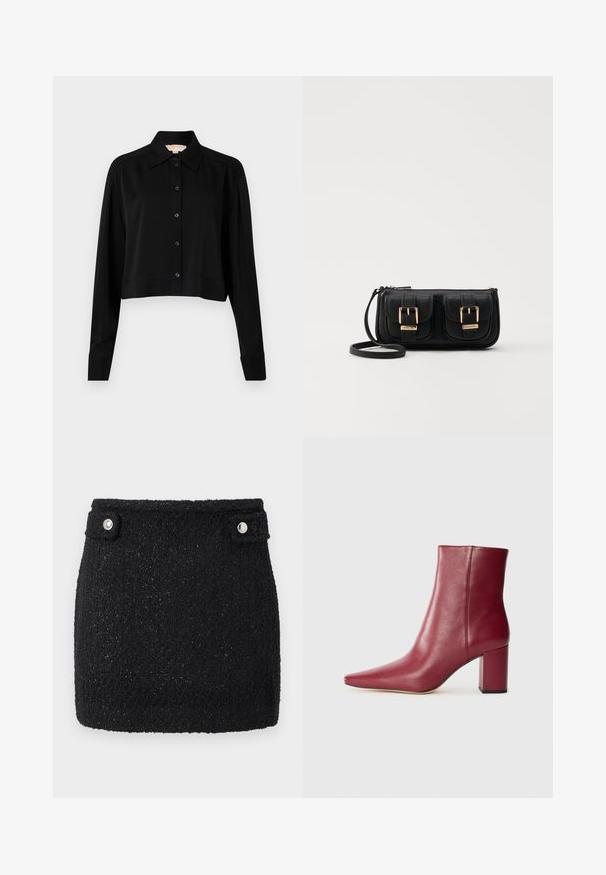 Chemise noire courte à manches longues, col pointu et fermeture par boutons. Fabriquée en tissu lisse avec une coupe décontractée et des manches à poignets.; Mini jupe noire en tissu texturé avec un léger éclat. Elle possède deux boutons-pression argentés à la taille pour la fermeture.; Botte chelsea en cuir bordeaux avec un bout pointu, un talon bloc et une texture lisse, présentant un design sans couture sans matériel visible.; Sac en cuir noir porté en travers avec deux poches avant, boucles dorées, fermeture zippée et une sangle fine. Surface texturée et forme rectangulaire compacte.