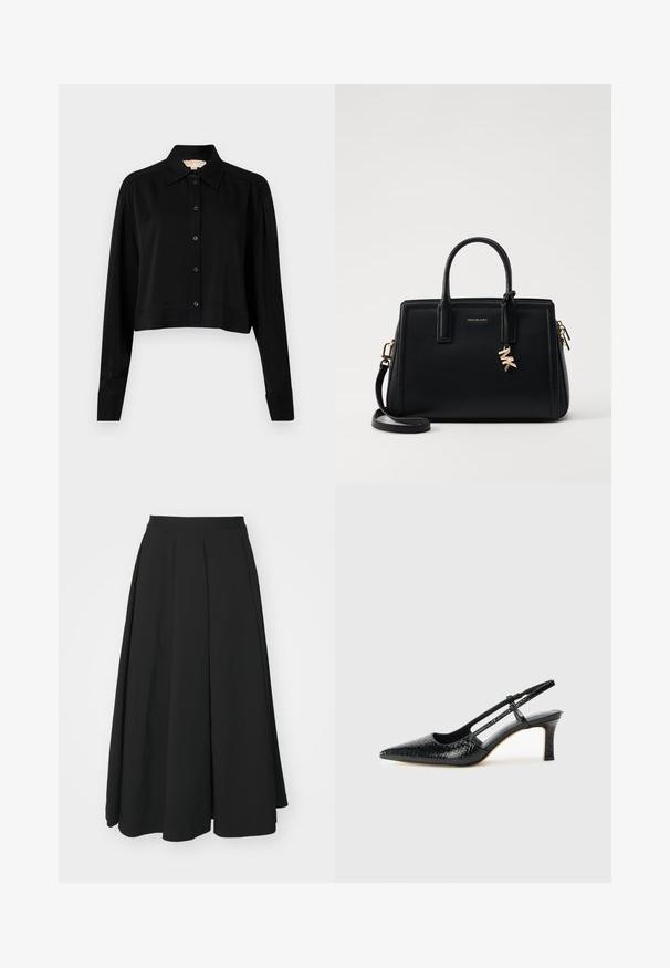 Chemise noire courte à manches longues, col pointu et fermeture par boutons. Fabriquée en tissu lisse avec une coupe décontractée et des manches à poignets.; Theory IRREG - Jupe plissée - black; Escarpin slingback en vernis noir avec un bout pointu, présentant un imprimé serpent texturé, une sangle réglable et un petit talon bloc texturé.; Sac à main en cuir noir avec un design structuré, deux poignées supérieures, une bandoulière amovible, des accessoires en or et un pendentif avec le logo.