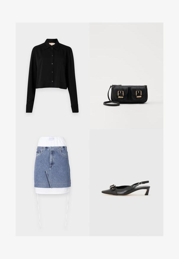 Juodas trumpas marškinėliai su ilgomis rankovėmis, smailiu apykakle ir mygtukų priekyje. Pagamintas iš lygaus audinio su laisvu siluetu ir apverčiamos rankovėmis.; Džinsinė sijonas su mėlynu kūnu, baltu perforuotu juosmeniu ir raišteliais. Yra priekiniai kišeniai ir tiesus kirpimas su neapdorotu kraštu.; Juodas odinis slingback batelis su smailiu nosiu, maža pakulne ir dekoratyvine sagtimi viršuje. Lygus paviršius, minimalistas dizainas.; Juodas odinis per petį nešiojamas krepšys su dviem priekiniais kišenėmis, auksiniais sagtimis, užtrauktuko uždarymu ir siauromis petnešomis. Textūruota paviršius ir kompaktiškas stačiakampis formatas.