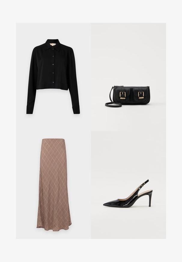 Camisa negra corta con mangas largas, cuello puntiagudo y botones en la parte delantera. Fabricada en un tejido suave con un corte holgado y mangas con puños.; Falda larga y acampanada con un patrón geométrico marrón, que presenta una textura suave y una cinturilla elástica para mayor comodidad.; Zapatos de charol negro con tirante al tobillo, punta afilada, tacón delgado y un diseño de corte sutil. Presenta una hebilla dorada en la correa.; Bolso cruzado de cuero negro con dos bolsillos frontales, hebillas doradas, cierre de cremallera y una correa delgada. Superficie texturizada y forma rectangular compacta.
