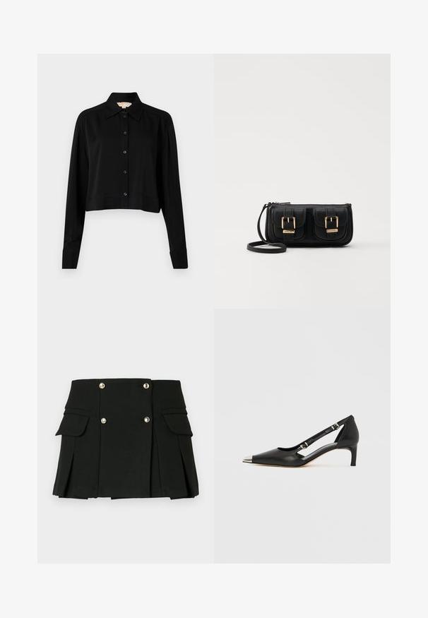 Camicia nera cropped con maniche lunghe, colletto a punta e chiusura con bottoni. Realizzata in tessuto morbido, con vestibilità rilassata e maniche a polsino.; Minigonna plissettata nera in tessuto testurizzato, con due tasche frontali e dettagli con bottoni dorati.; Décolleté in pelle nera con tacco kitten, punta argentata appuntita e doppie cinghie con fibbia su sfondo bianco.; Borsa a tracolla nera in pelle con due tasche frontali, fibbie dorate, chiusura con zip e una tracolla sottile. Superficie texturizzata e forma rettangolare compatta.