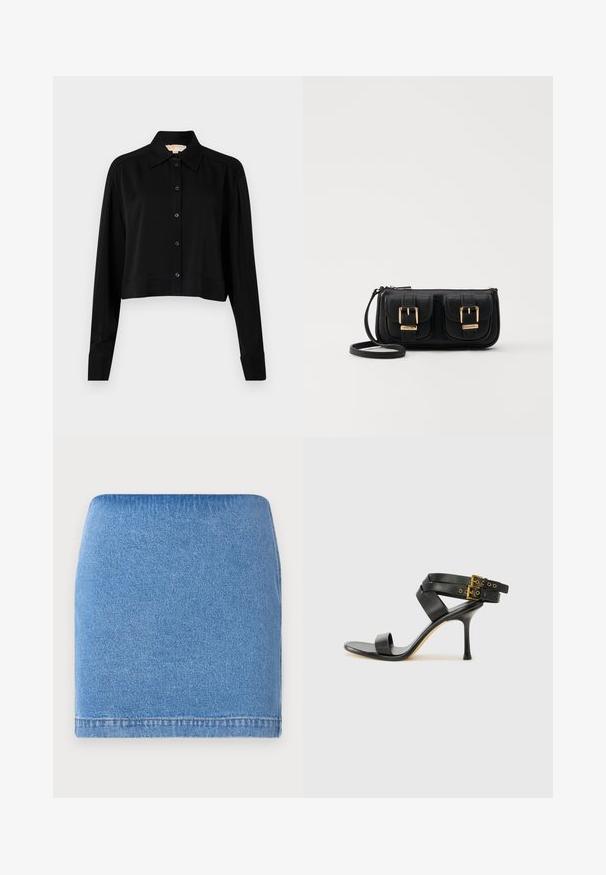 Cămașă neagră scurtă cu mâneci lungi, guler ascuțit și închidere cu nasturi. Fabricată dintr-un material neted, cu o croială lejeră și mâneci cu manșete.; Fustă mini din denim, de culoare albastră deschisă, cu un design ajustat, avere dreaptă și textură subtilă. Fără închideri vizibile sau buzunare.; Sandalie negre cu toc, cu curele încrucișate și cataramă ajustabilă. Prezintă o textură netedă și un toc stiletto conic.; Geantă neagră din piele, tip crossbody, cu două buzunare frontale, catarame aurii, închidere cu fermoar și o curea subțire. Suprafață texturată și formă rectangulară compactă.